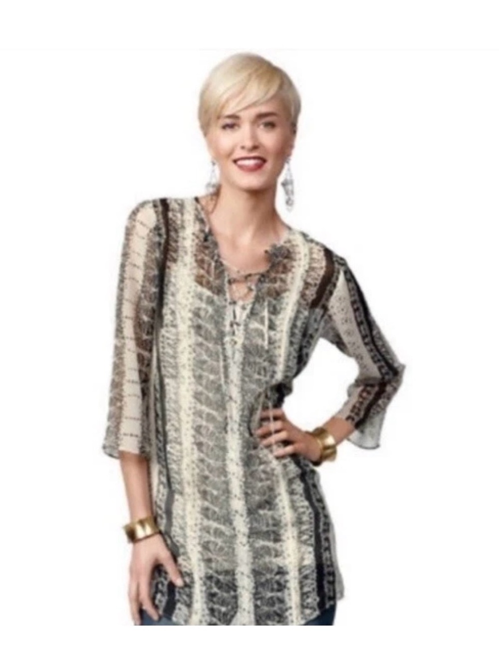 Cabi Beatnik Blouse Lace Up Tunic is a cream & black semi-sheer boho top Sz M